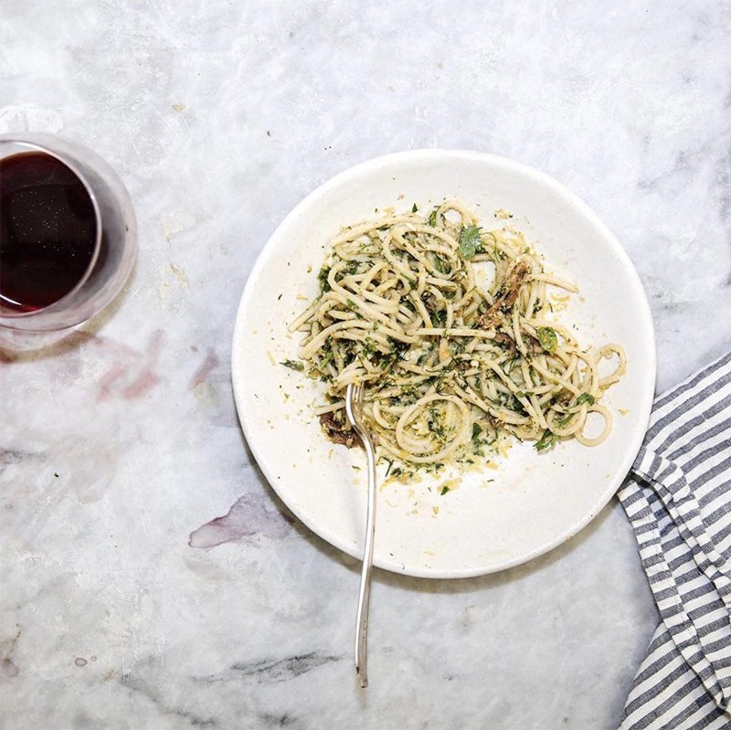 walnut-anchovy pasta with herbs wit & delight
