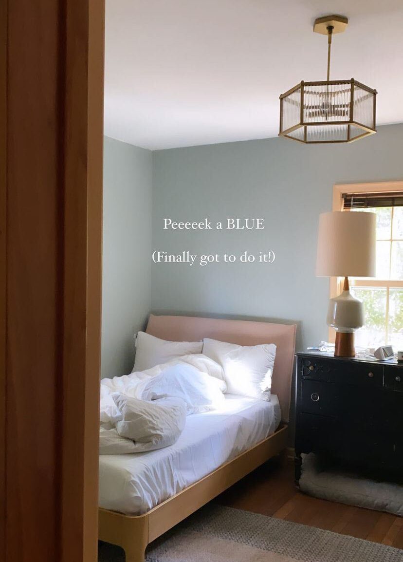 Farrow & Ball Light Blue paint color in a small guest room with a Casper bed.