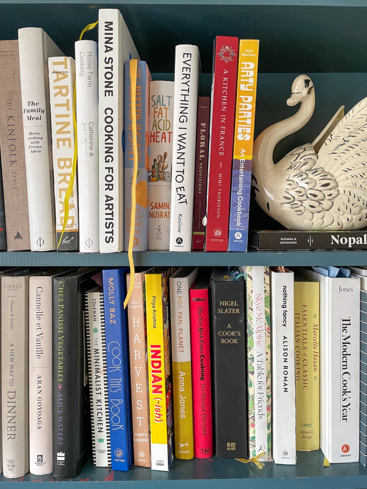Favorite cookbooks on a blue bookshelf.