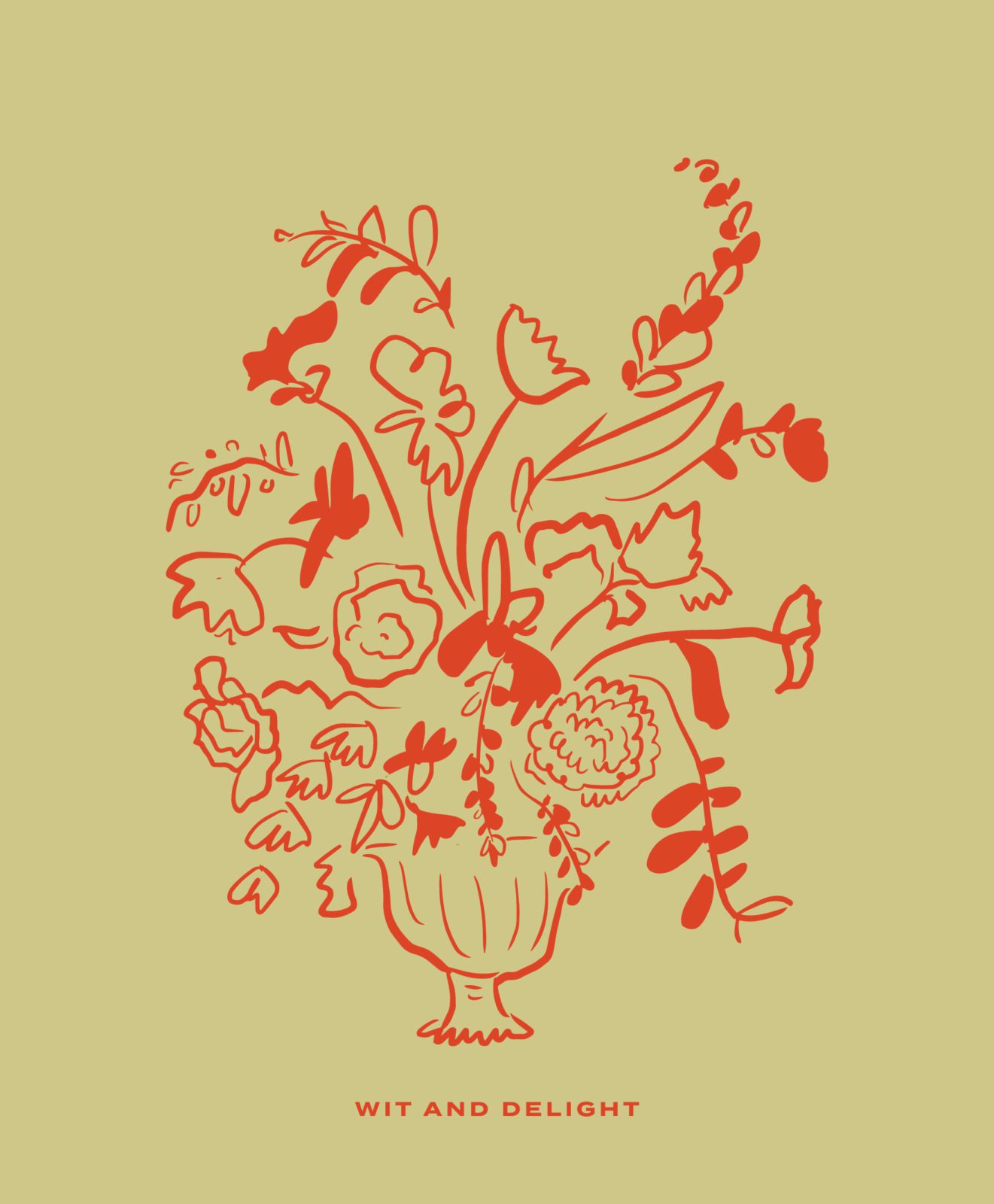 Red digital drawing of a vase of flowers with a neutral background.