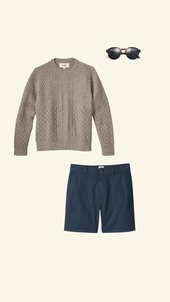 Graphic collage of sweater, shorts and sunglasses
outfit pieces from Huckberry
