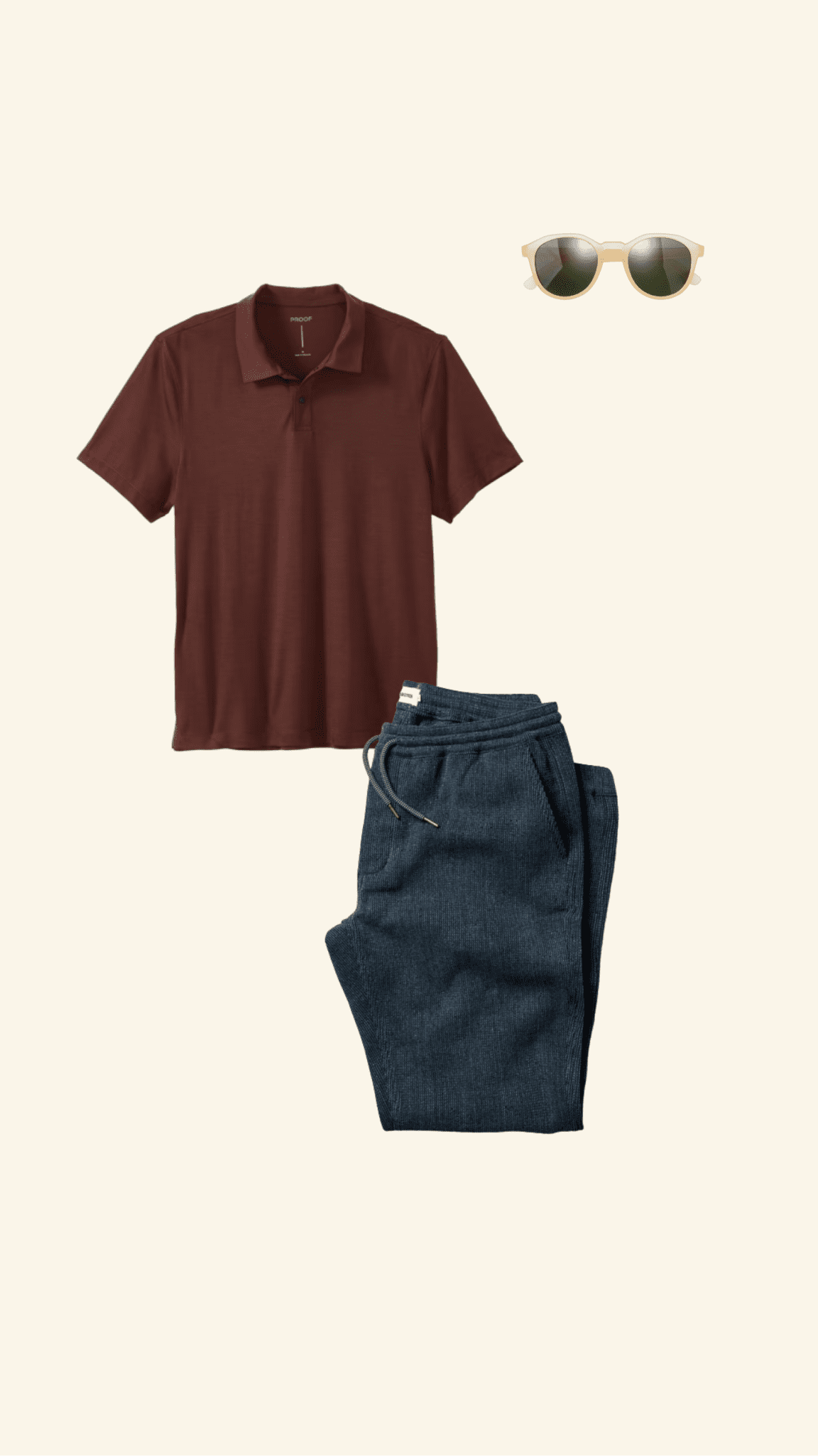Collage of plum polo shirt, blue slacks, and sunglasses
outfit pieces from Huckberry