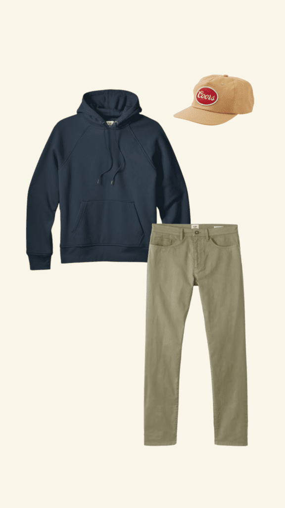 collage of a blue sweatshirt, khaki pants, baseball hat
outfit pieces from Huckberry