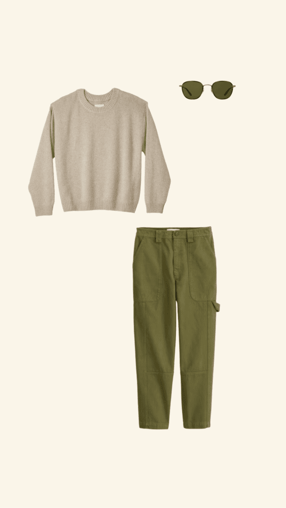 Graphic collage of a sweater, green linen pants, and sunglasses
outfit pieces from Huckberry