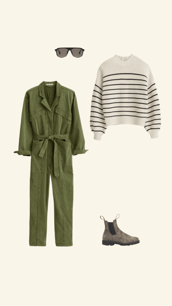 Collage of green jumpsuit, striped sweater, sunglasses, and boots

outfit pieces from Huckberry