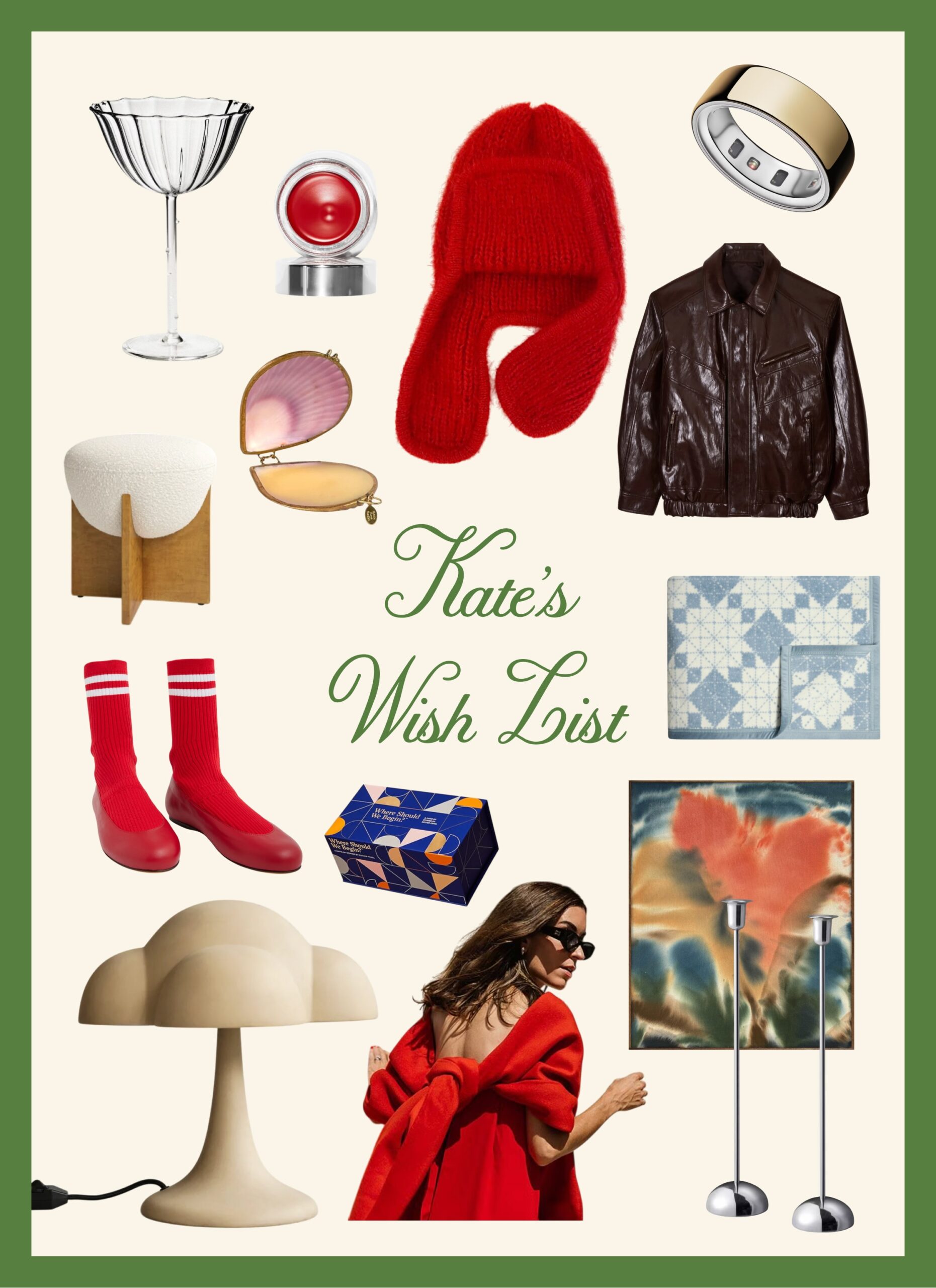 The things on my 2024 holiday wish list, including coupe glasses, cream blush, a fungus-shaped lamp, a faux leather jacket, and original artwork