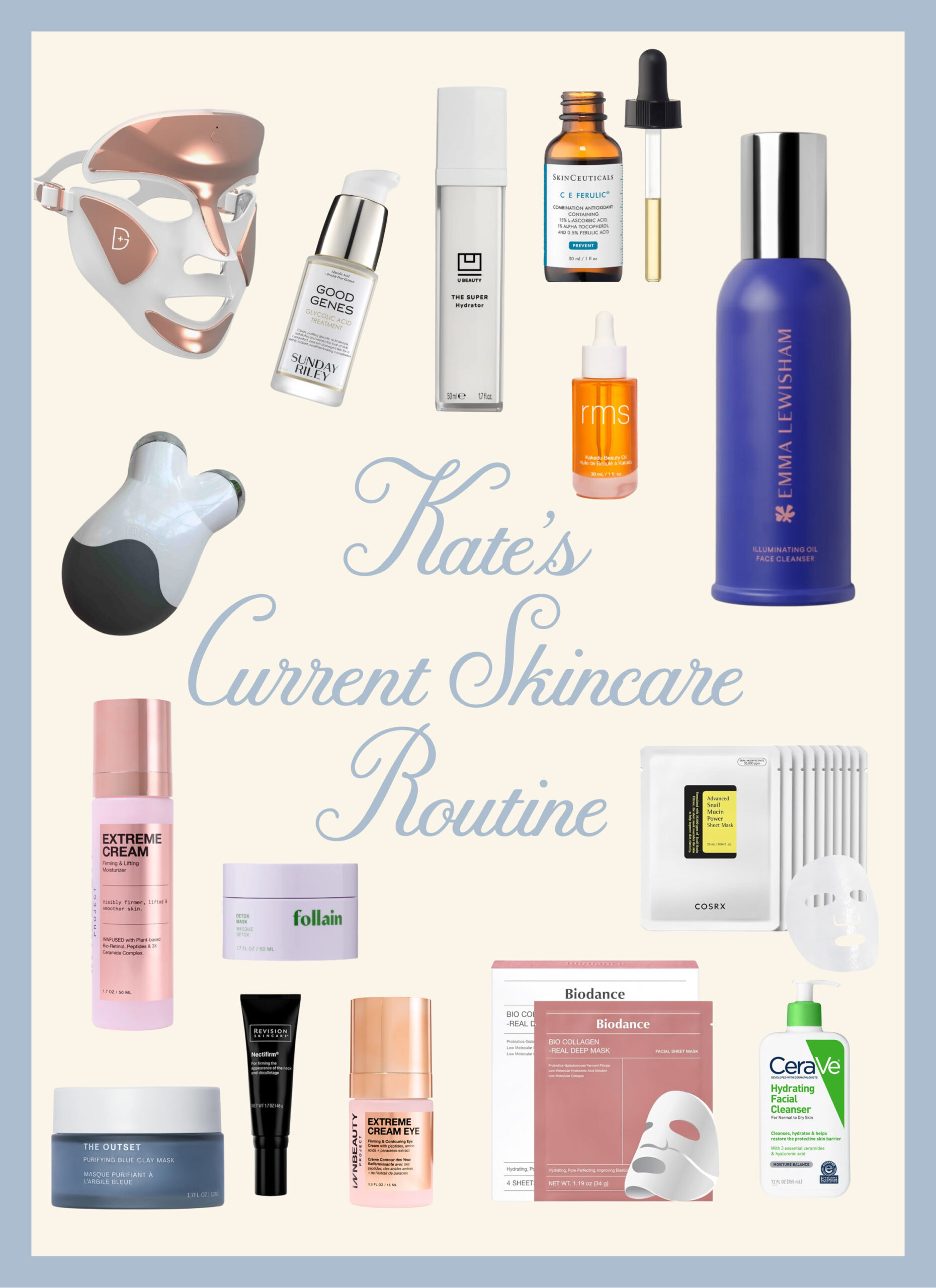 A collage of favorite skincare products and devices including cleansers, moisturizers, masks, and more