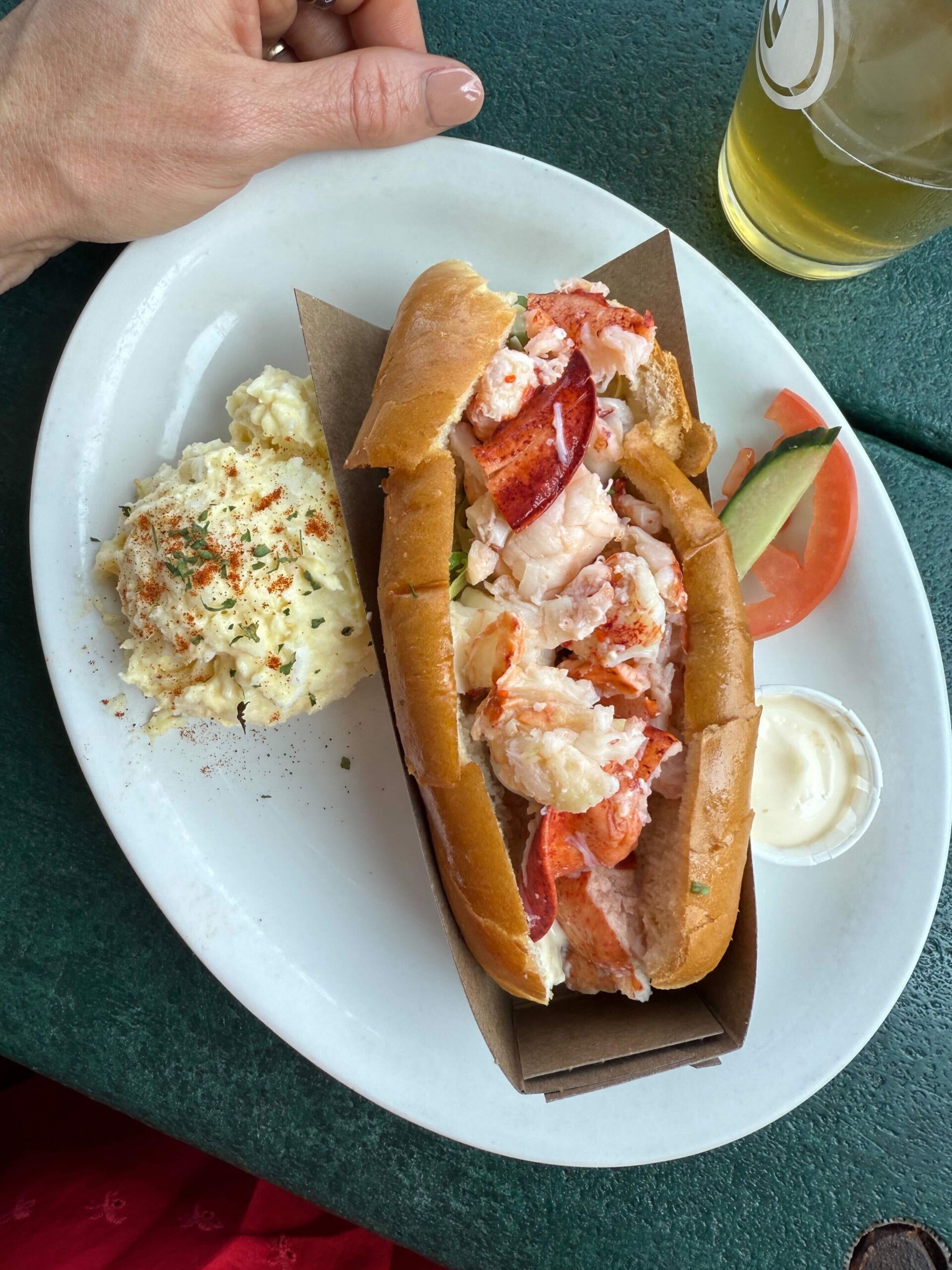 Lobster roll and potato salad on a white oval plate