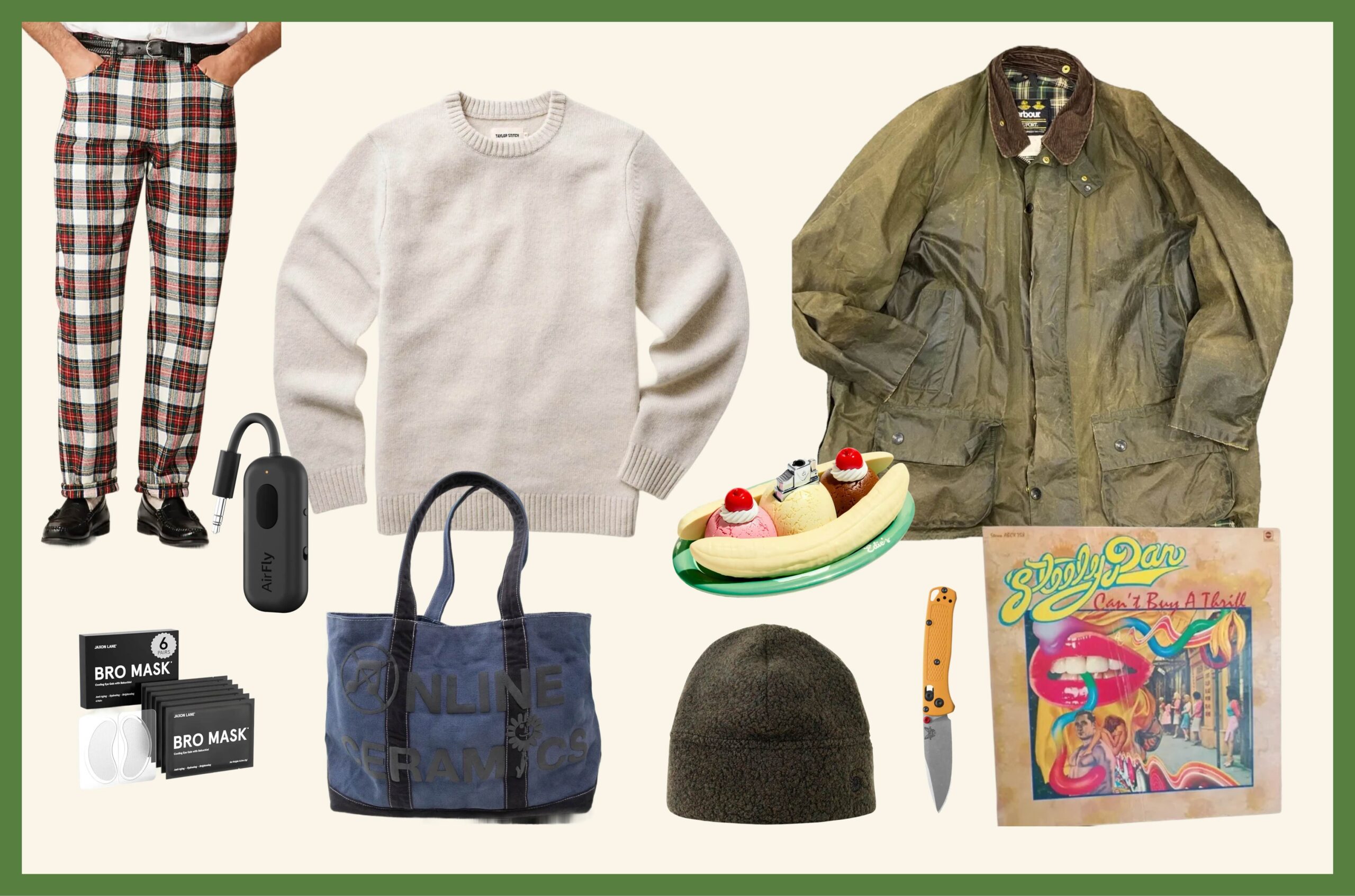 A collage featuring holiday gifts for men