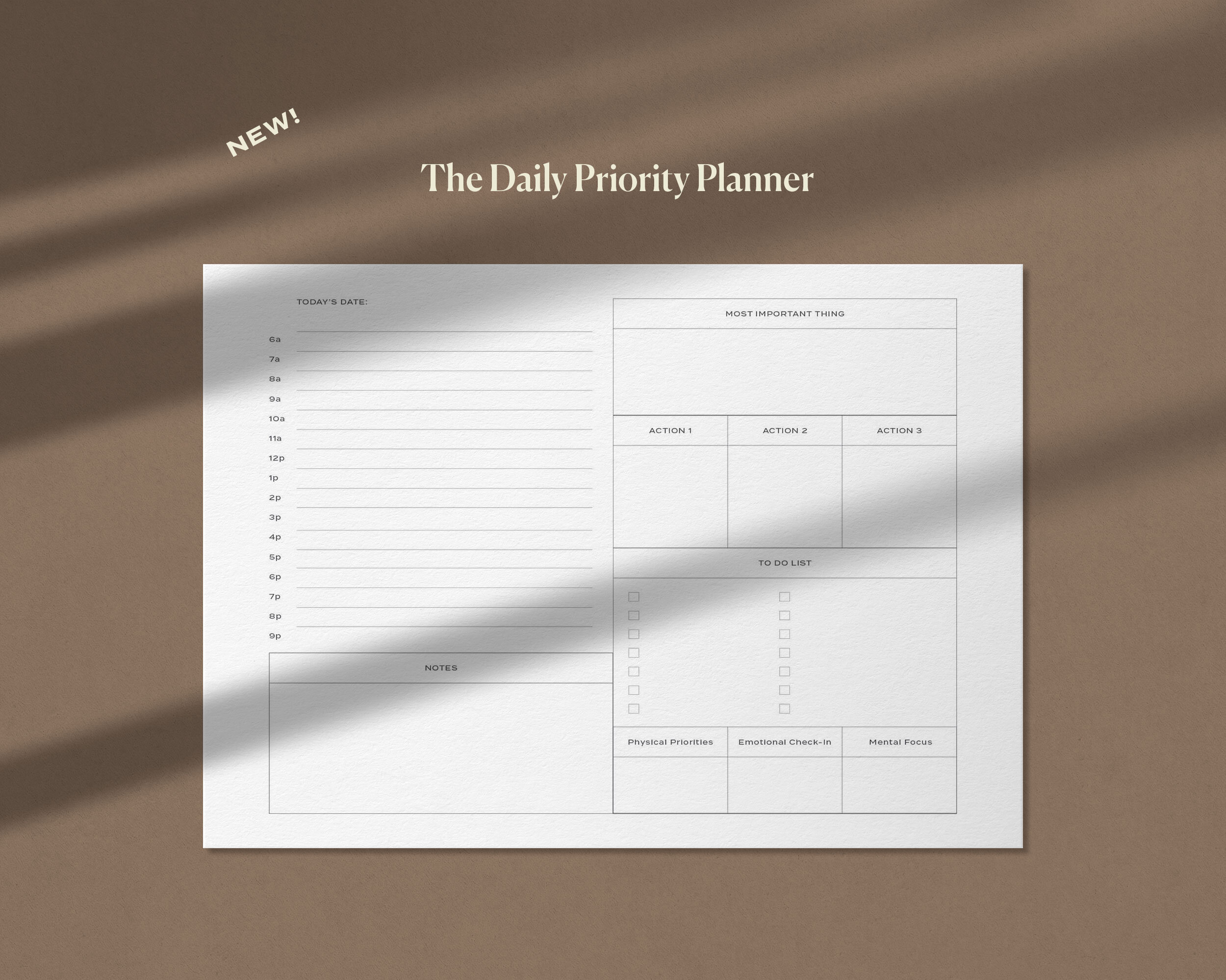 A daily planner with space for time blocking, to-do lists, priorities, and notes