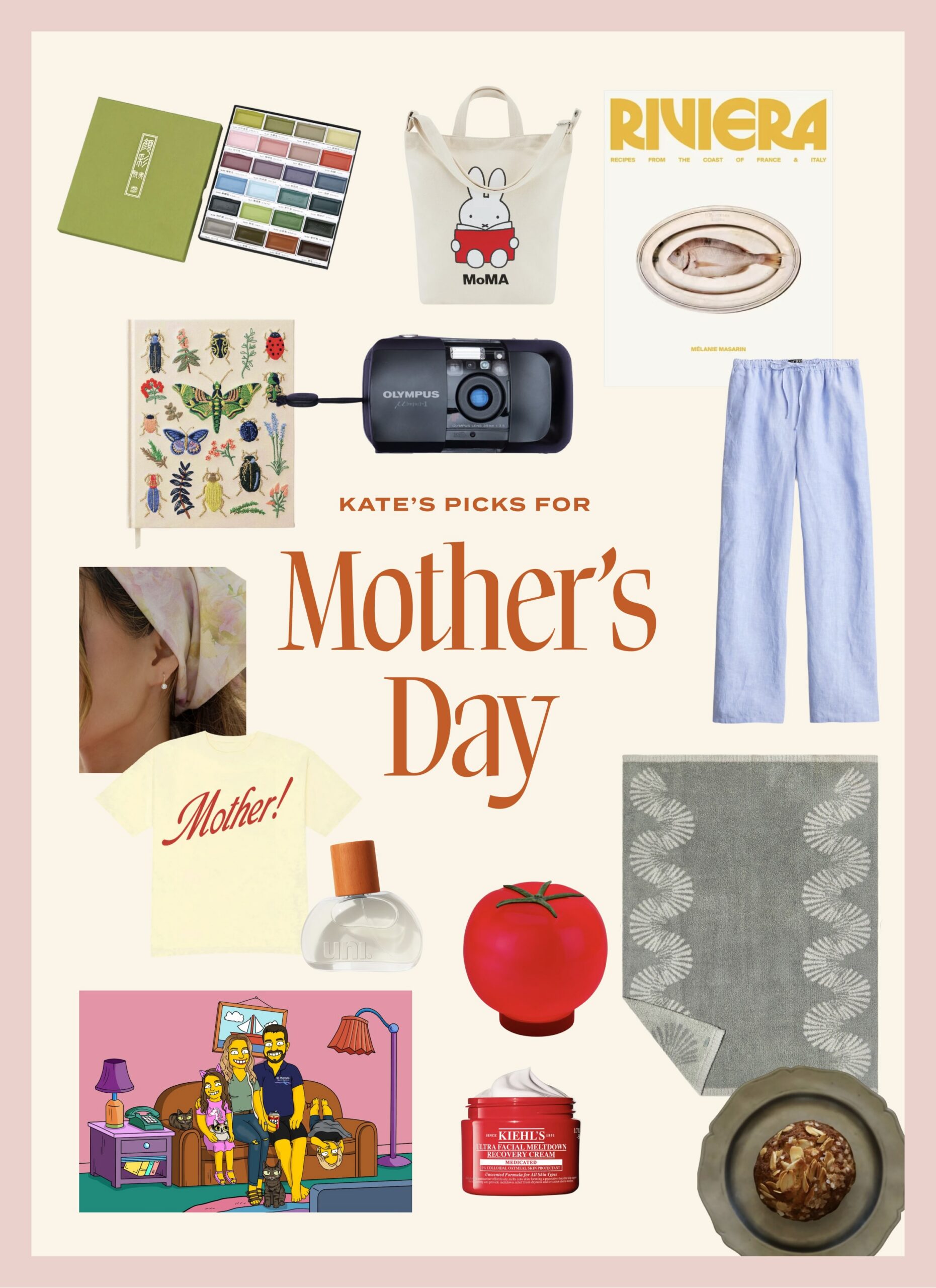 A graphic showing Mother's Day gift ideas, including a t-shirt with "Mother!" printed on it, a cozy throw blanket, a vintage point-and-shoot camera, an embroidered journal, and a watercolor paints set